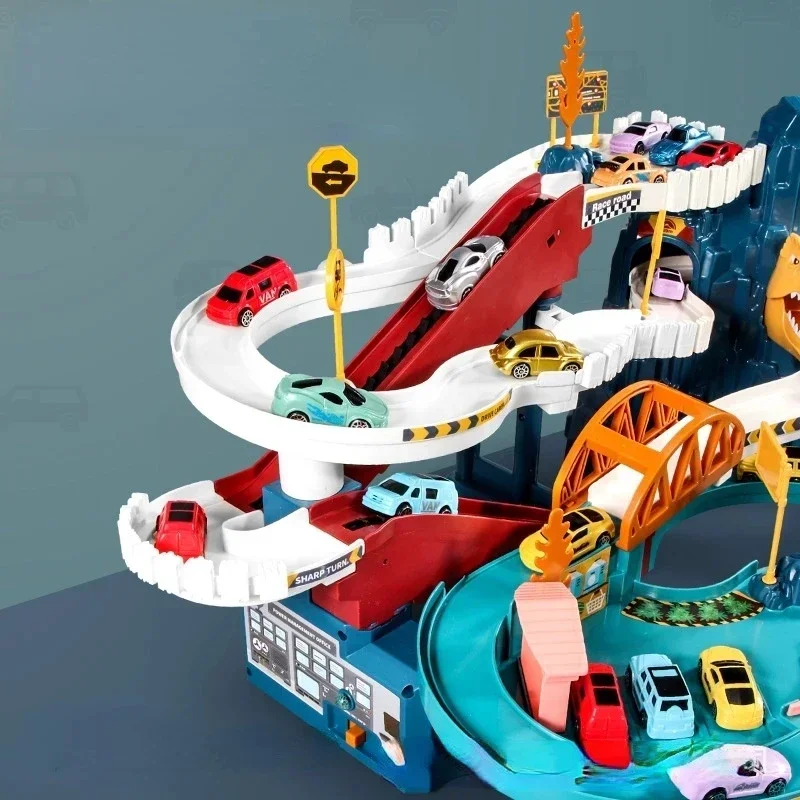 Adventure Parking Building Dinosaur rolled Mountain Track Toy Electric Racing Rail Car Toy giocattoli educativi per bambini regalo per ragazzo