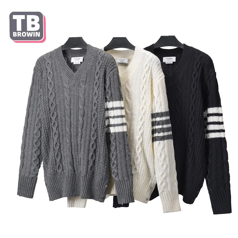 

TB men's turtleneck sweater brand v collar Thom British striped 4-bar wool bottomed pullover luxury