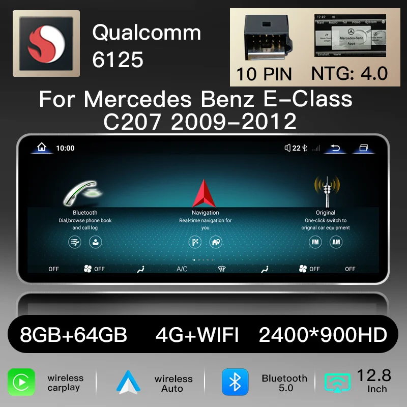 12,8" 2400*900 Snapdragon 6125 Draadloze CarPlay Android 14 Autoradio voor Mercedes Benz E-Klasse C207 W207 A207 NTG 4.0 4.5 5.0 2-deurs Multimedia GPS Navigatie Head Unit Stereo WiFi 4G Audio