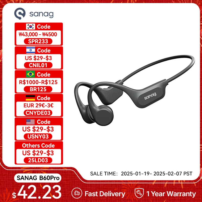 Sanag B60 Pro Bone Conduction Earphone IPX8 64GB Wireless Open Headset Bluetooth 5.3 Swim Waterproof Headphones with Microphone