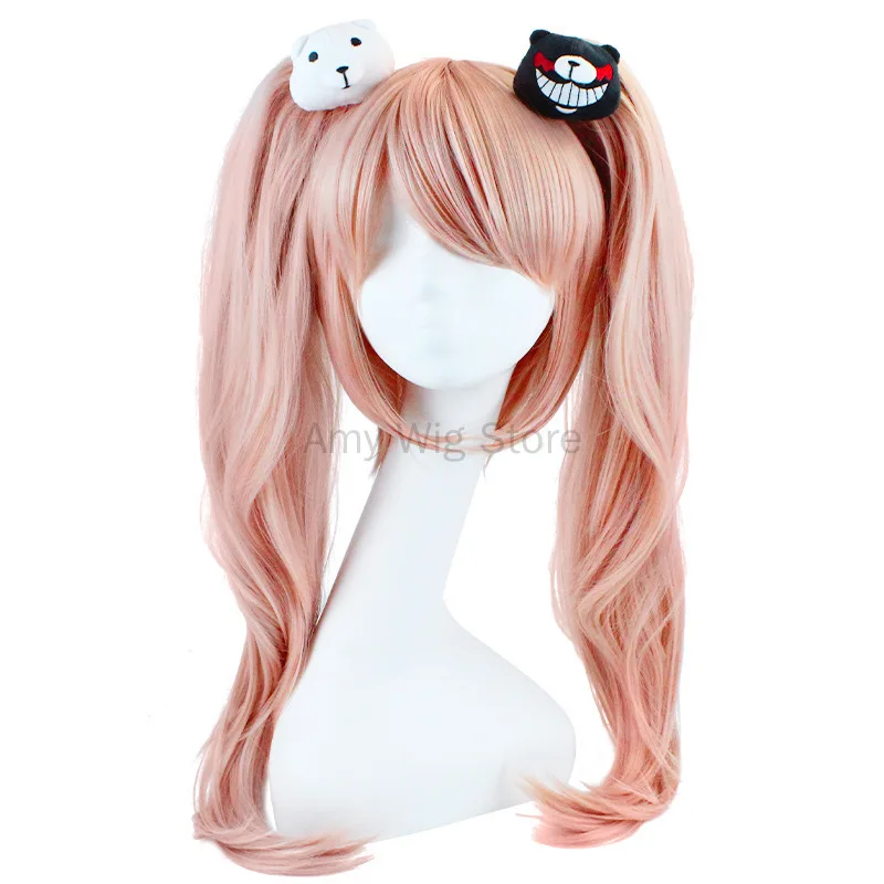 Hair Anime Danganronpa Wig Junko Enoshima Cosplay Wig Pink Long Wavy With Ponytail Clip White Black Bear Hairpins Girl Gift