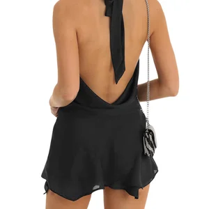 Chronstyle mulheres sexy magro ajuste baixo corte mini vestido y2k sem costas halter decote em v profundo malha vestido curto elegante vestidos de noite 2023 12 principais vendas vestidos curto festa tubinho - №4