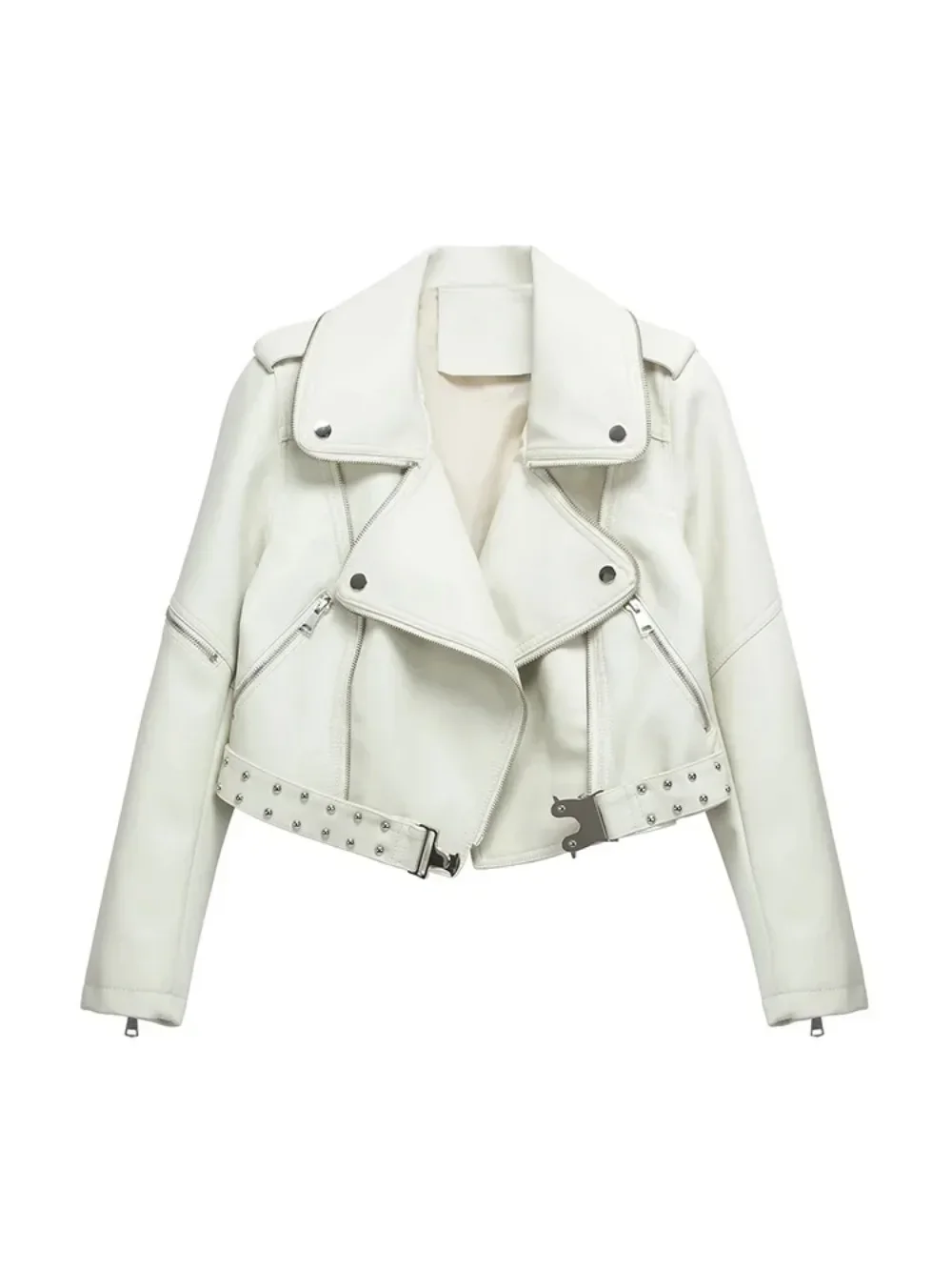 

Женская новая уличная одежда, свободная короткая куртка из искусственной кожи с заклепками, весенне-осенняя женская байкерская куртка на молнии с поясом, верхняя одежда