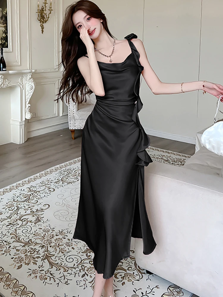 2025 Różowa satynowa plisowana sukienka bodycon z falbanami Seksowna długa sukienka letnia Elegancka sukienka na imprezę taneczną Koreańska luksusowa sukienka wieczorowa dla kobiet