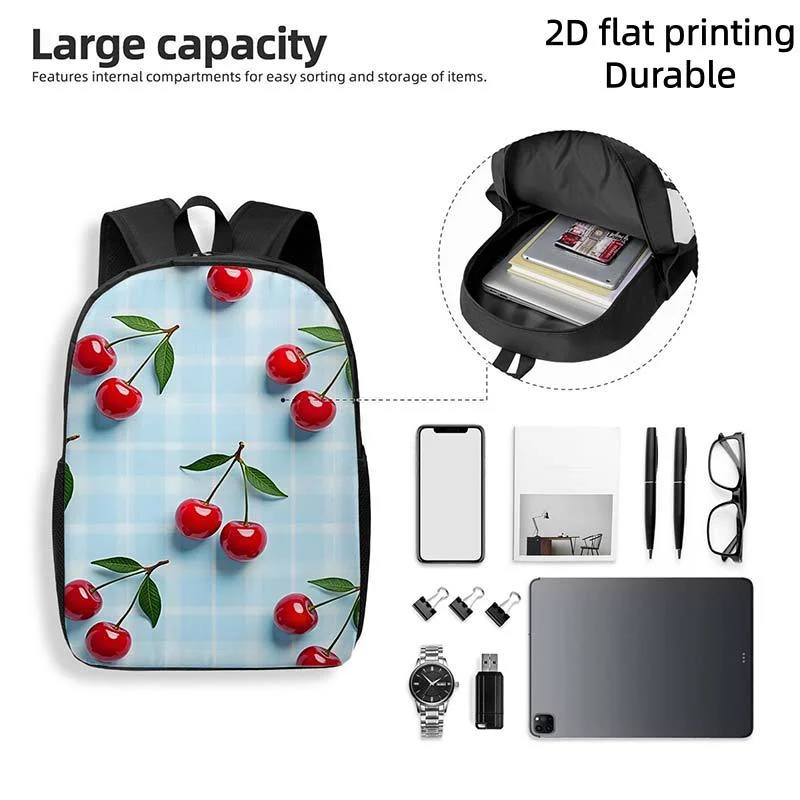 

1 red cherry pattern blue plaid backpack | Lightweight, large capacity, adjustable shoulder strap, zipper seal, lined, suitable