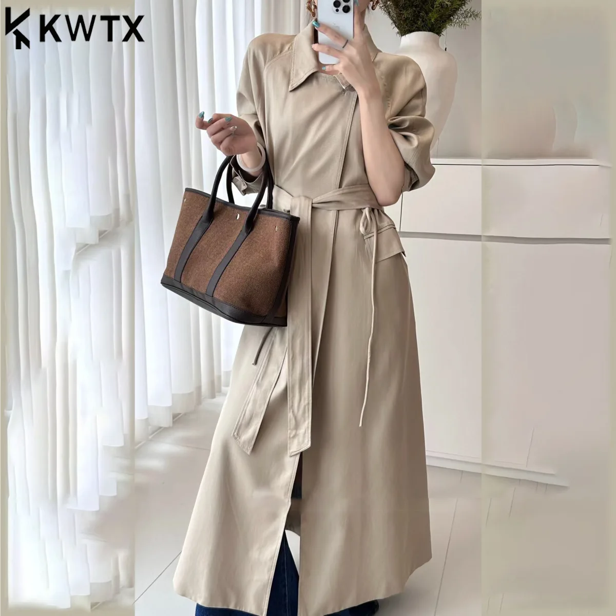 

KWTX Women’s Trench Coat Long Spring 2025 Belted Waist Drawstring Chic Elegant Slim Fit Casual Chic Comfortable Premium Quality