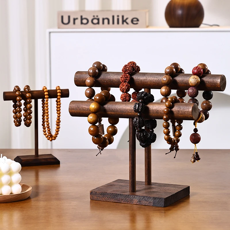 Rustic Walnut Wood Jewelry Stand - 2 Layer Necklace Display Rack for Bracelets/Pendants, Multifunctional Holder for Home Vanity