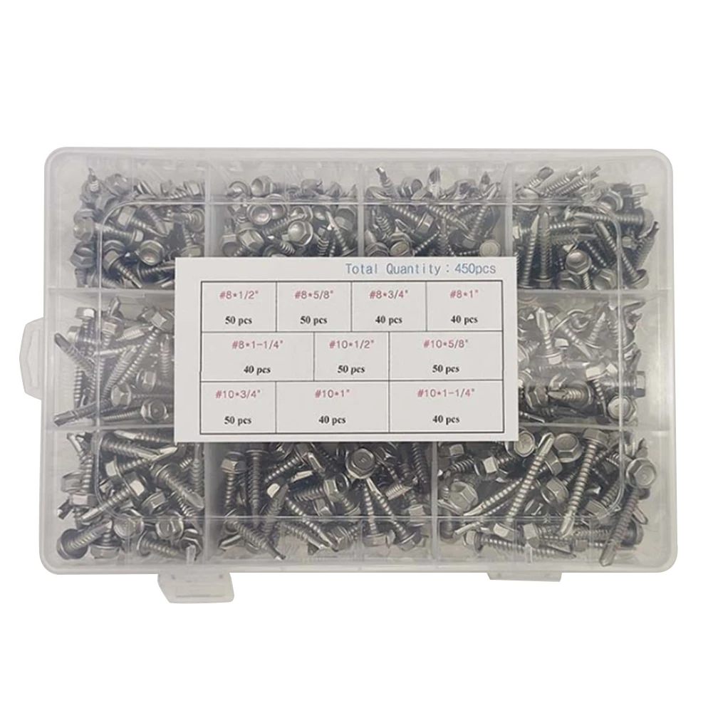 450pcs 410 Stainless Steel Hexagonal Self-Drilling Screws for Metal Wood Plastic DIY Furniture Assembly Fasteners Hardware Tools