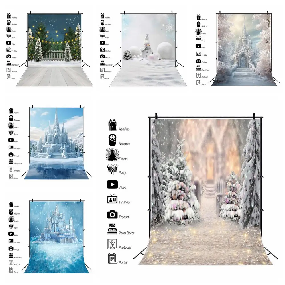 Snow Winter Backdrop for Photography Snowfield Pine Trees Ice Castle Birthday Party Kids Photo Background Decor Photostudio Prop