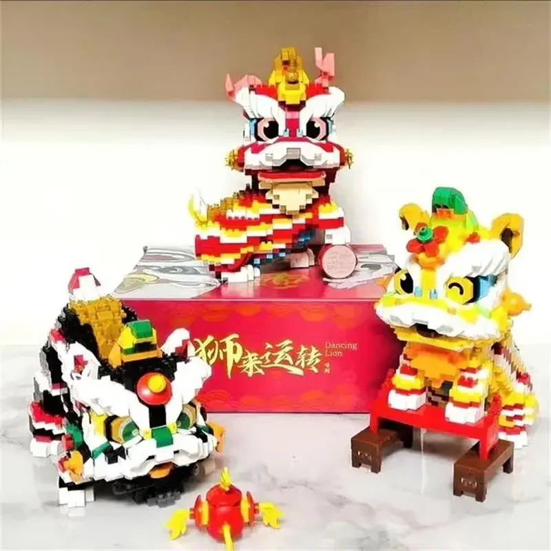 Mini blocos de construção decoração de ano novo tijolos diversão chinesa sorte dança leão fortuna gato brinquedos para crianças presente adulto