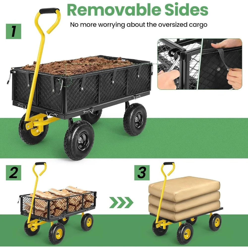 Homdox MAX 880 Lbs Garden Cart, Heavy Duty Foldable Mesh Steel Garden Wagon with 180° Rotating Handle and 10 Inch Tires, Pullabl