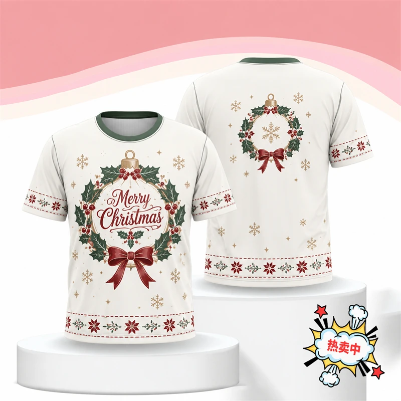 3D Print Merry Christmas Wreath T Shirt For Women 2026 New Fashion Autumn Short Sleeve Xmas Tee Casual Holiday Unisex Tee Tops