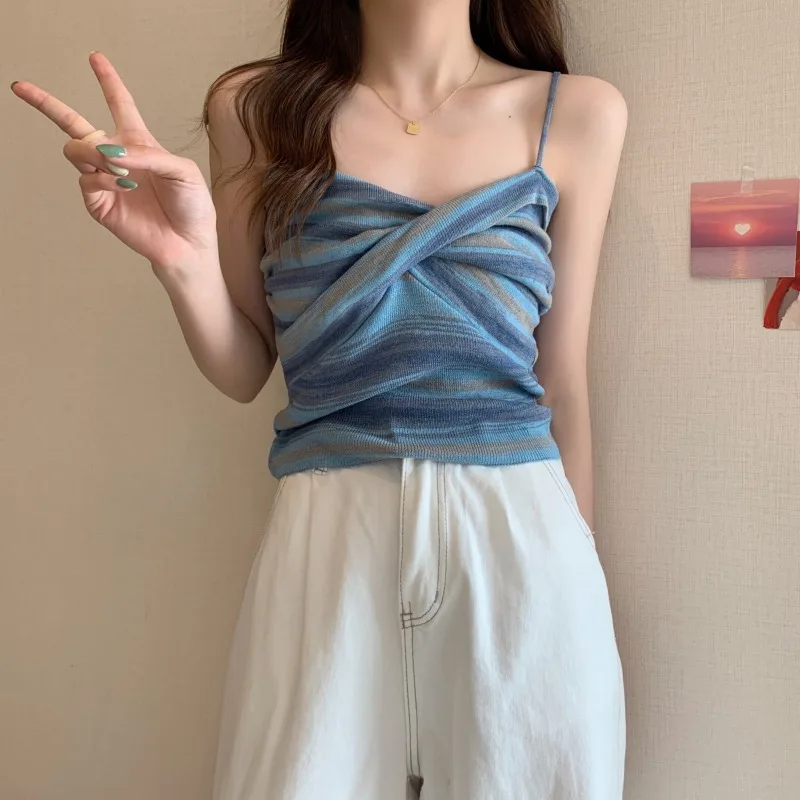 

Женский полосатый жилет, летний новый французский повседневный высокоэстетический топ без рукавов, модные универсальные персонализированные сексуальные короткие топы