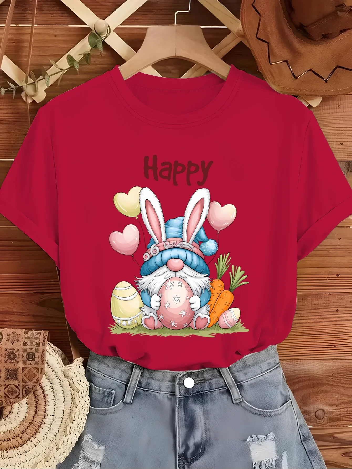 Happy Egg Rabbit Ear Printed T-shirt Heart Shaped Balloon Carrot Pattern Sweet and Cute Trendy Women's Top for Spring and Summer