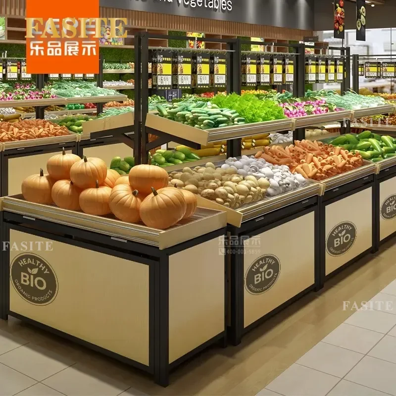 For Supermarket Steel and Wood Fruit Rack Multi Layer Display Shelf for Fruit Vegetable Store Fresh Specialty Showcase