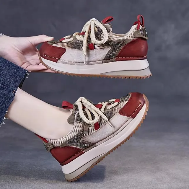 

Casual Sport Shoes Women's Thick Bottom Leisure Sports Shoes Real Leather Old Dad Shoes New Style Red Shoes with Hotfix Rhine...