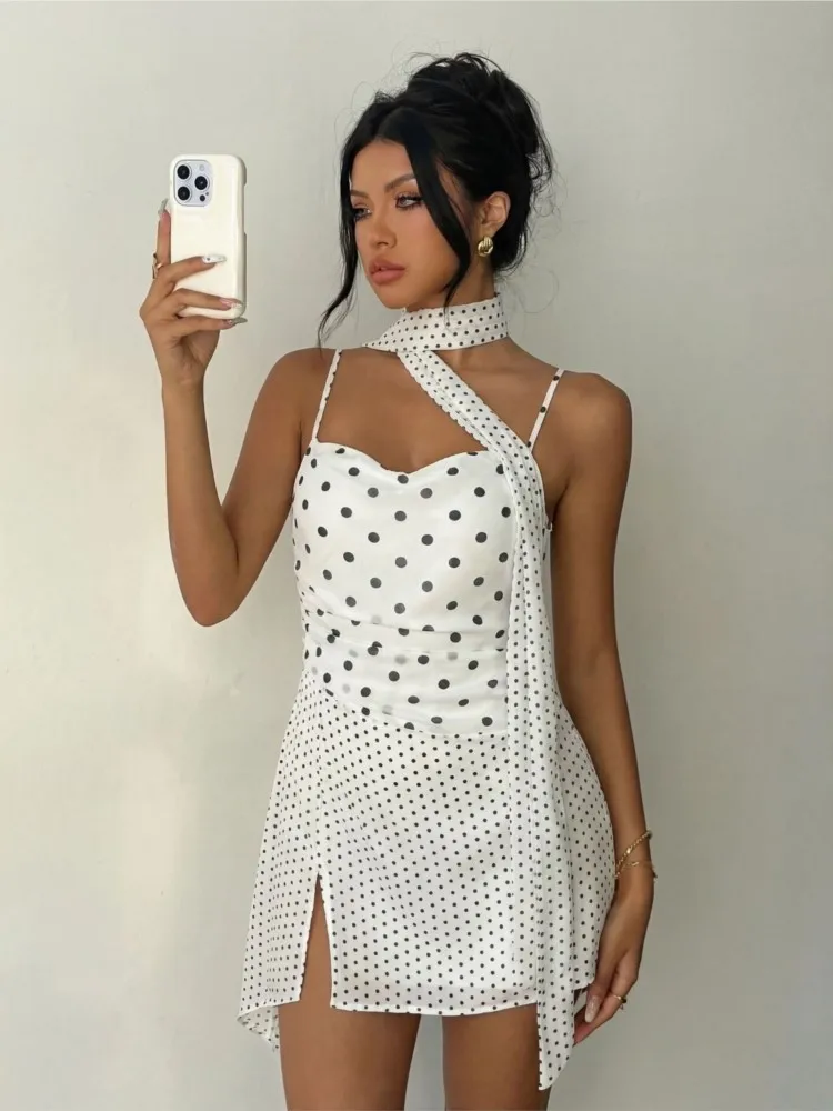 

Summer Dresses 2026 Woman Suspender Dress Polka Dots Halter Neck Vestidos Backless French Sexy Sleeveless Contrast Temperament