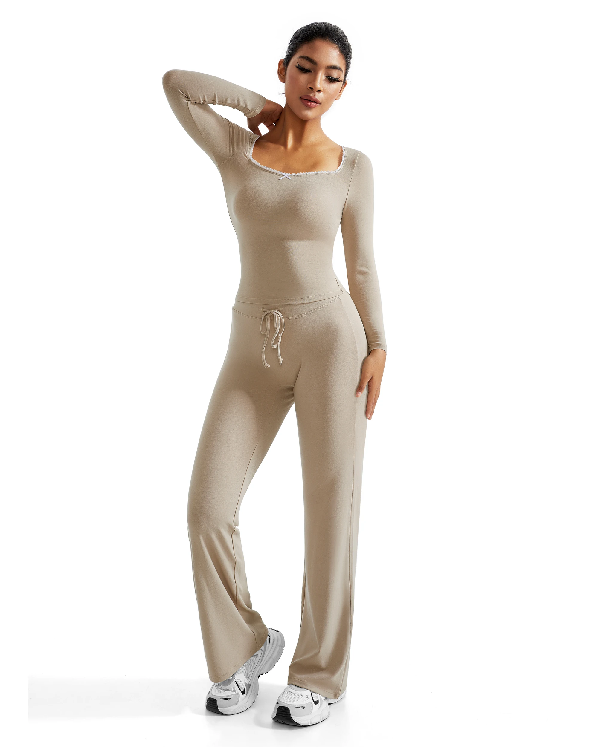 Ensemble de salon en dentelle pour femmes, col carré, manches longues, hauts, pantalons à jambes larges, ensembles de maison, automne, ensemble 2 pièces, tenues, survêtements féminins