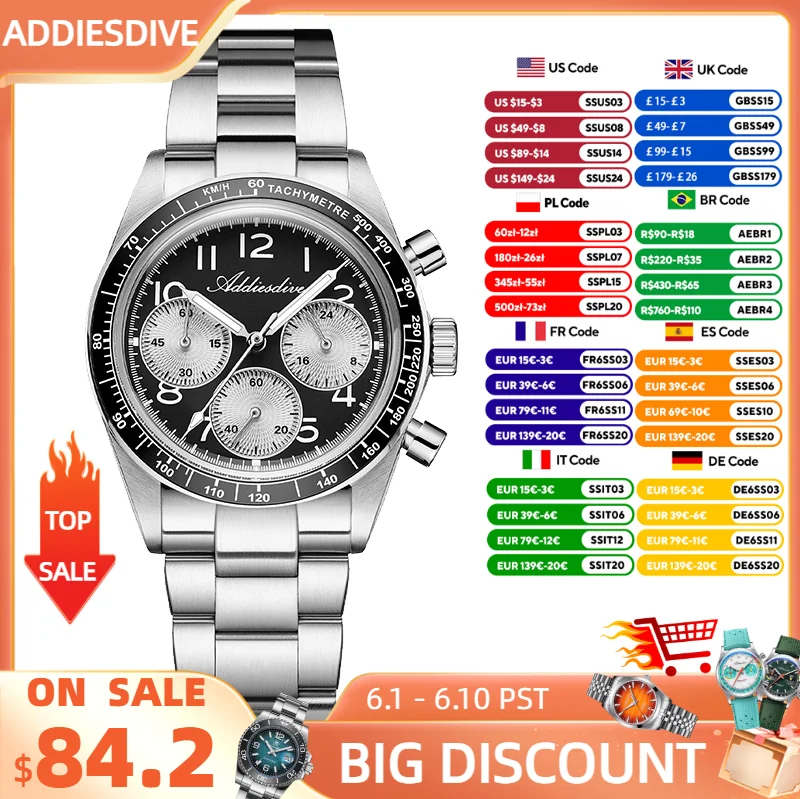 

ADDIESDIVE New Chronograph 0S20 Quartz Wristwatch Luxury Men Watch Ceramic Bezel Domed Glass 100m Waterproof BGW9 Luminous