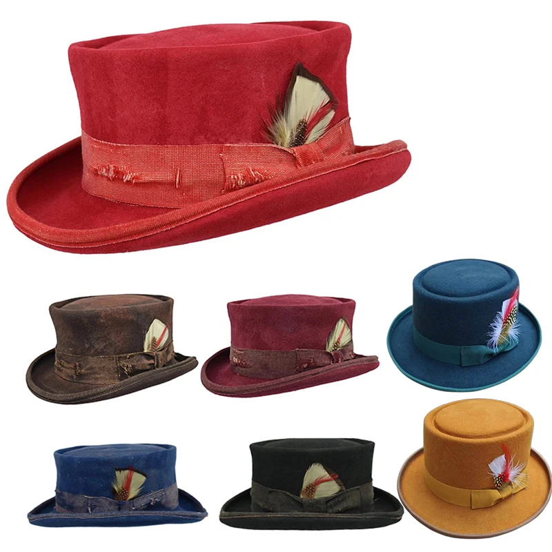 Unisex Fashion Round Wool Top Hat Casual Distressed Color Cap Western Men Women Party Prop Hat Decorative Adult Top Panama Hats