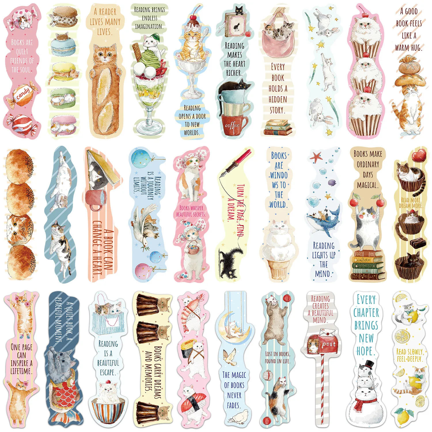 30Pcs/Set Cute Cat Bookmarks Watercolor Kawaii Dessert Reading Supplies Quotes Die-cut Paper Book Marks for Book Lover Gifts