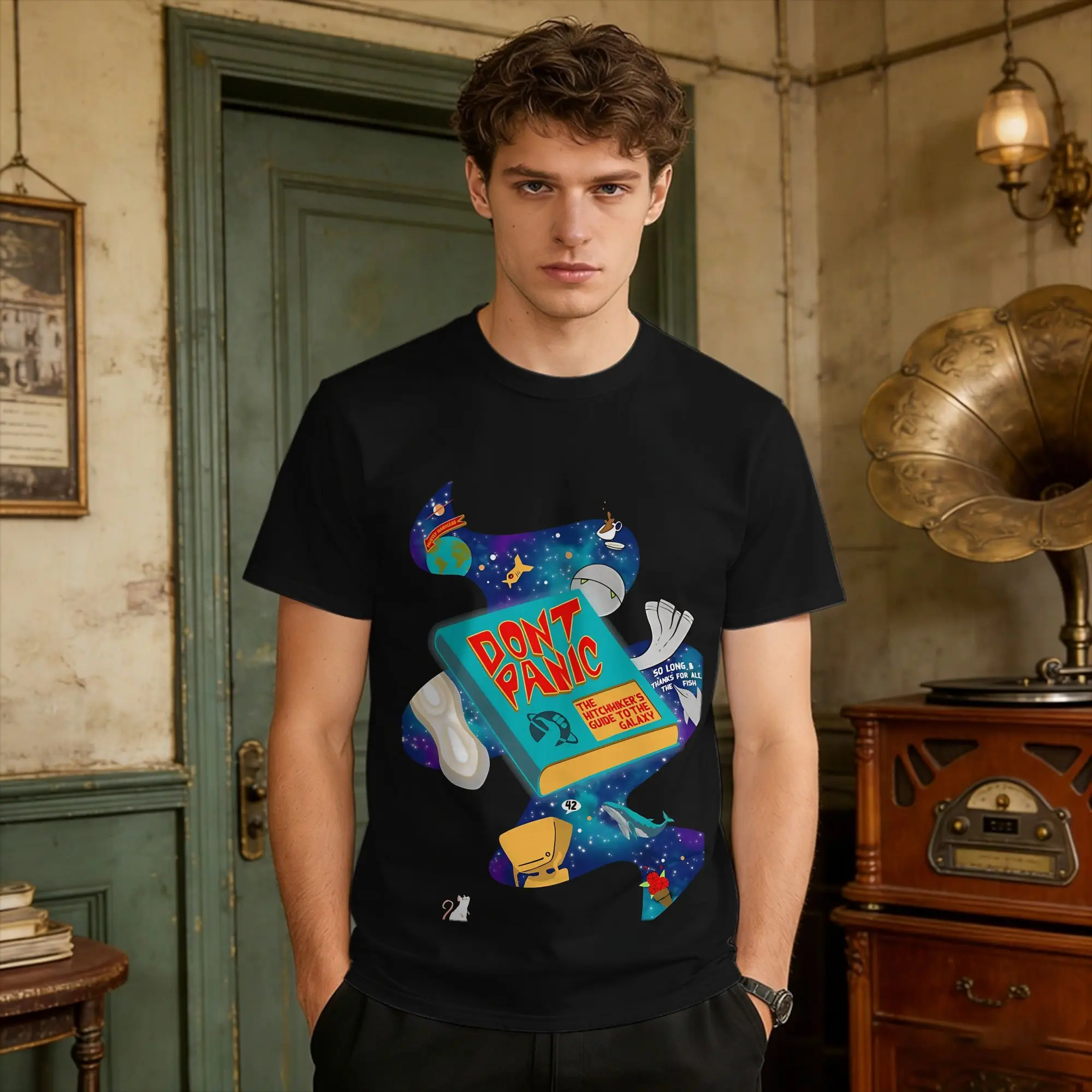 Mens T Shirt Hitchhiker'S Guide To The Galaxy T-Shirts Fashion Don'T Panic Summer Tees Street Style 100% Cotton Tops Plus Size