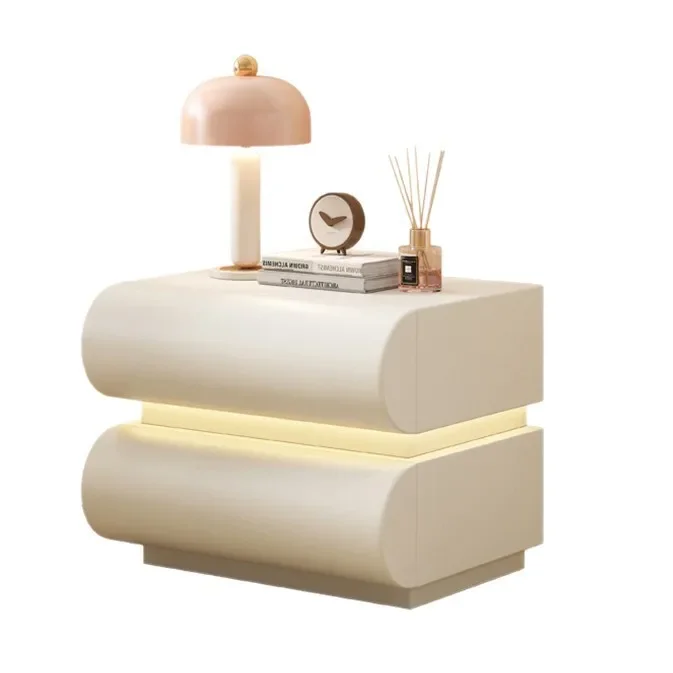 Meja samping tempat tidur kayu solid warna krem minimalis, gaya selebgram minimalis modern