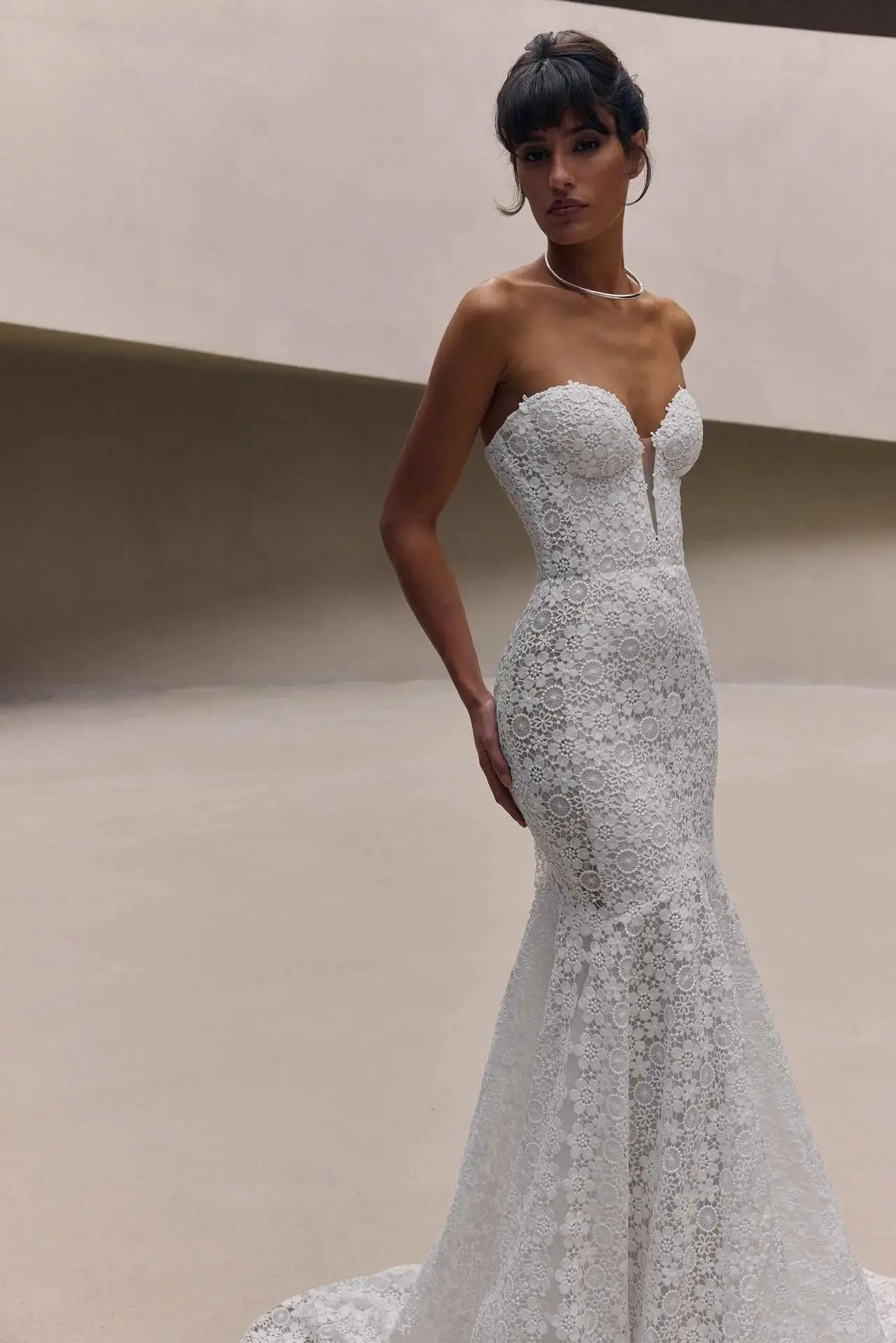 LumiGown 2026 Strapless Plunging V Mermaid Wedding Gown Full Floral Lace Corset Lace Up Back Chapel Train Bridal Dress For Women