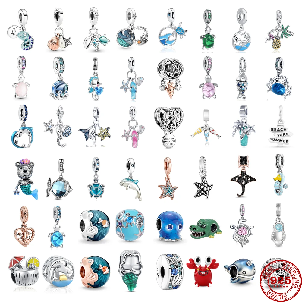 Ocean Series 925 Sterling Silver Turtle chameleon crab Pendant Charms Starfish Clip Bead For Pandora Original Bracelet Jewelry