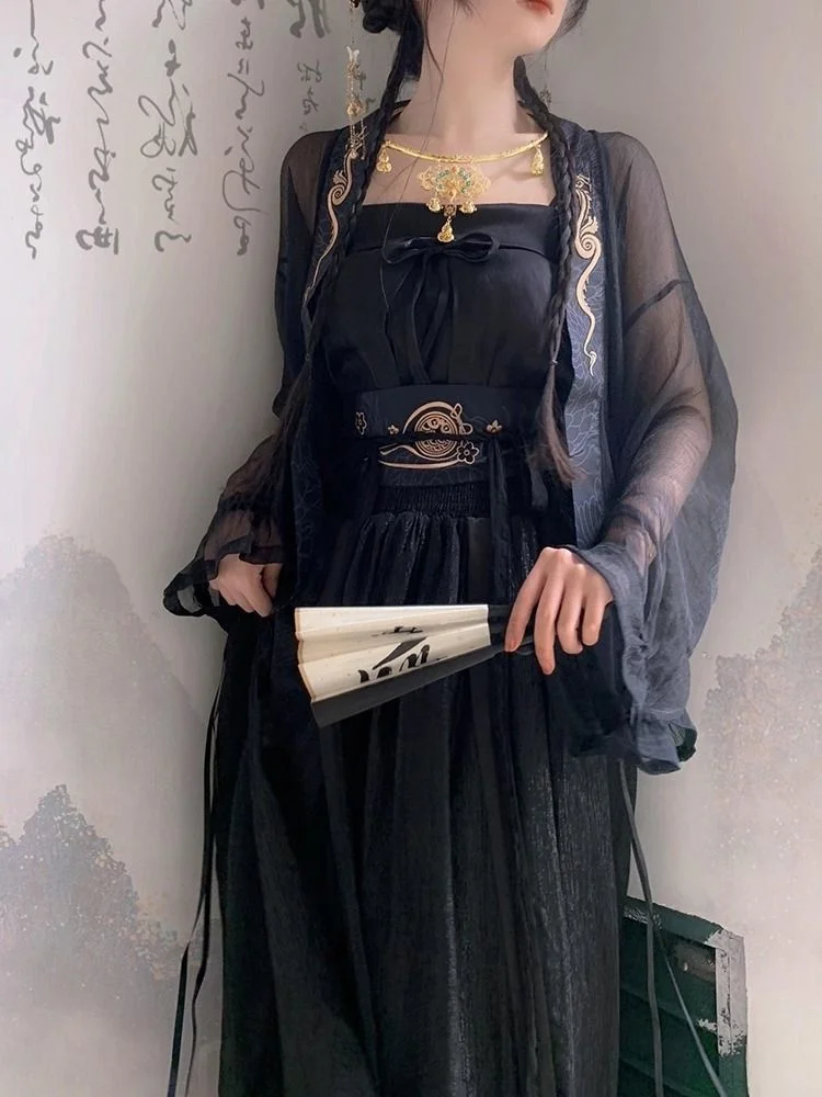 Hanfu kobiety chiński tradycyjny styl taniec ludowy bajki sukienki starożytny kostium ubrania Dinastia Tang Vintage Cosplay czarna sukienka