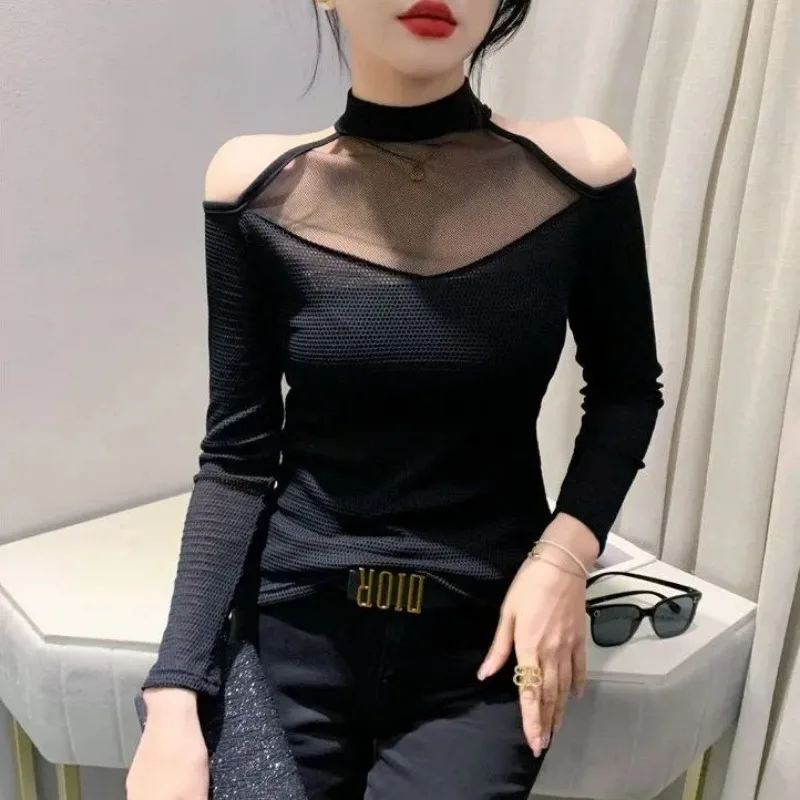 

Spring Autumn New Style Creative Stitching Hollow Mesh Off-shoulder Slim Long-sleeved Women's Bottoming Shirt Trendy
