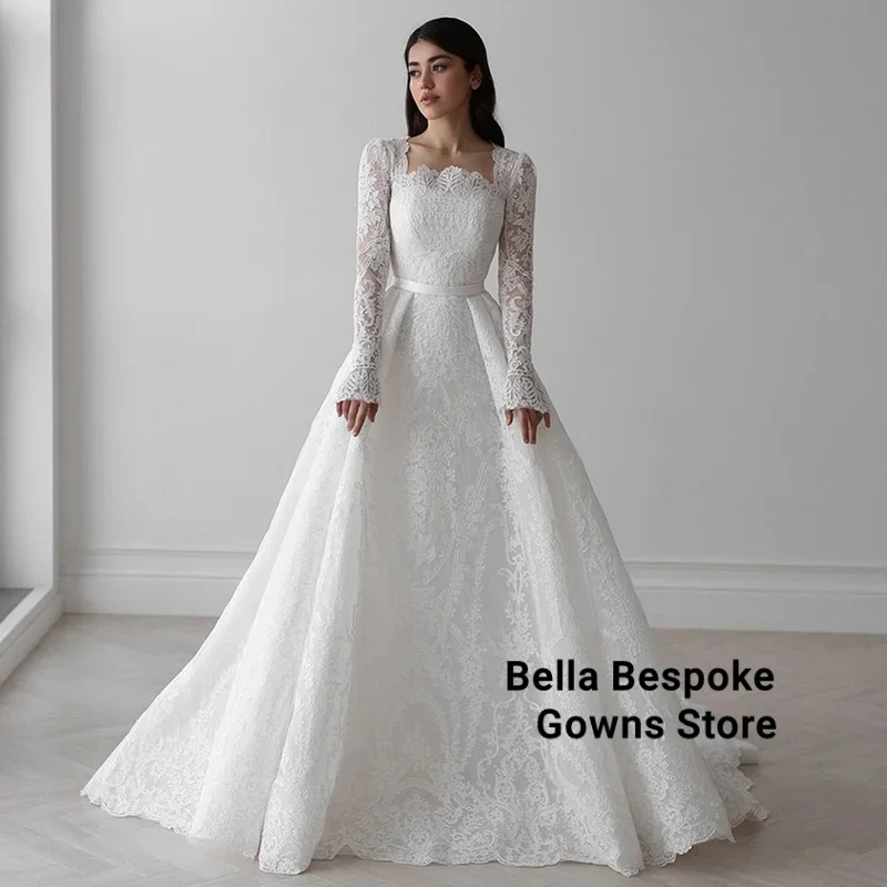 

Gorgeous Lace Wedding Dress for Bride Customized Square Neck Long Sleeves Sweep Train Arabic Bridal Gown Vestido De Noiva