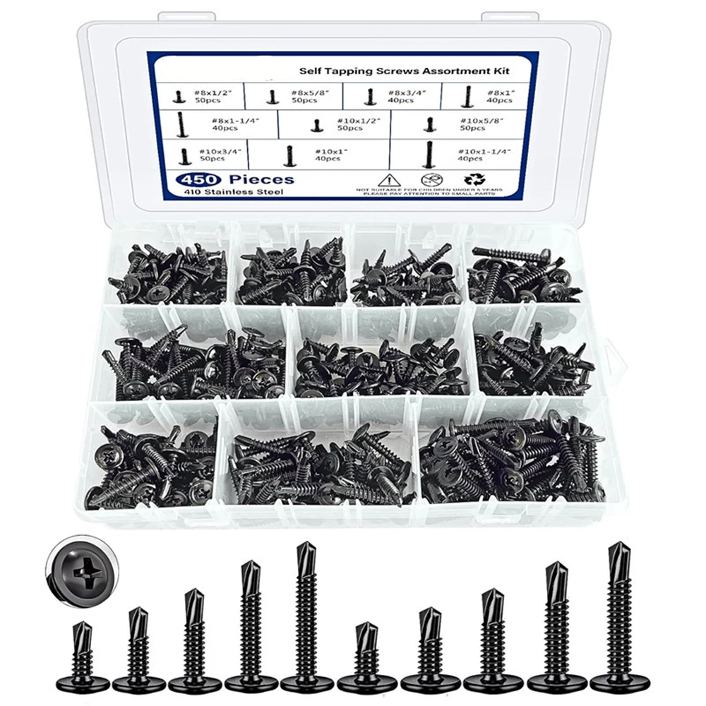 

450Pcs Stainless Steel Self-Drilling Screws Round Head Cross With Cushion Self Tapping Drilling Tail Dovetail Iron Sheet Screws