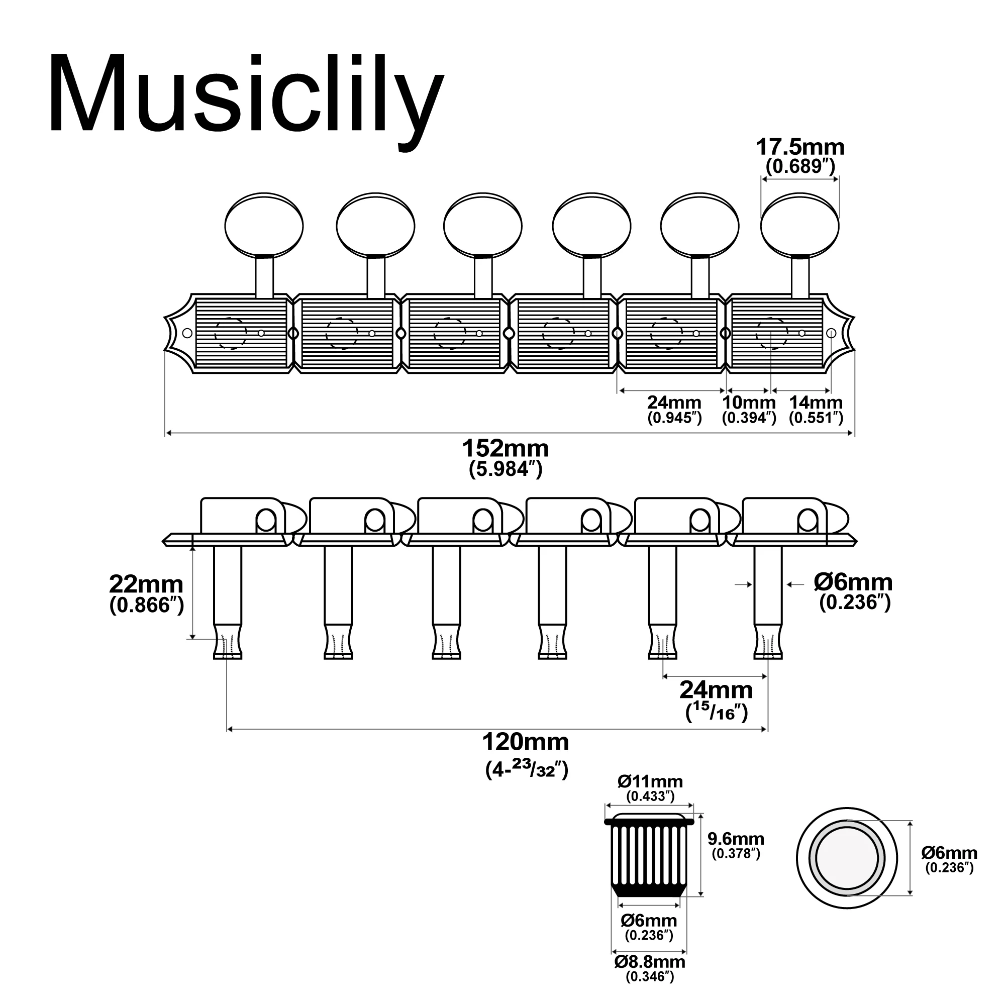 Musiclily Pro R15J Left-Handed Vintage 6-in-line 15:1 Ratio Machine Heads Tuners Tuning Pegs Keys for Fender SQ ST Tele Guitar
