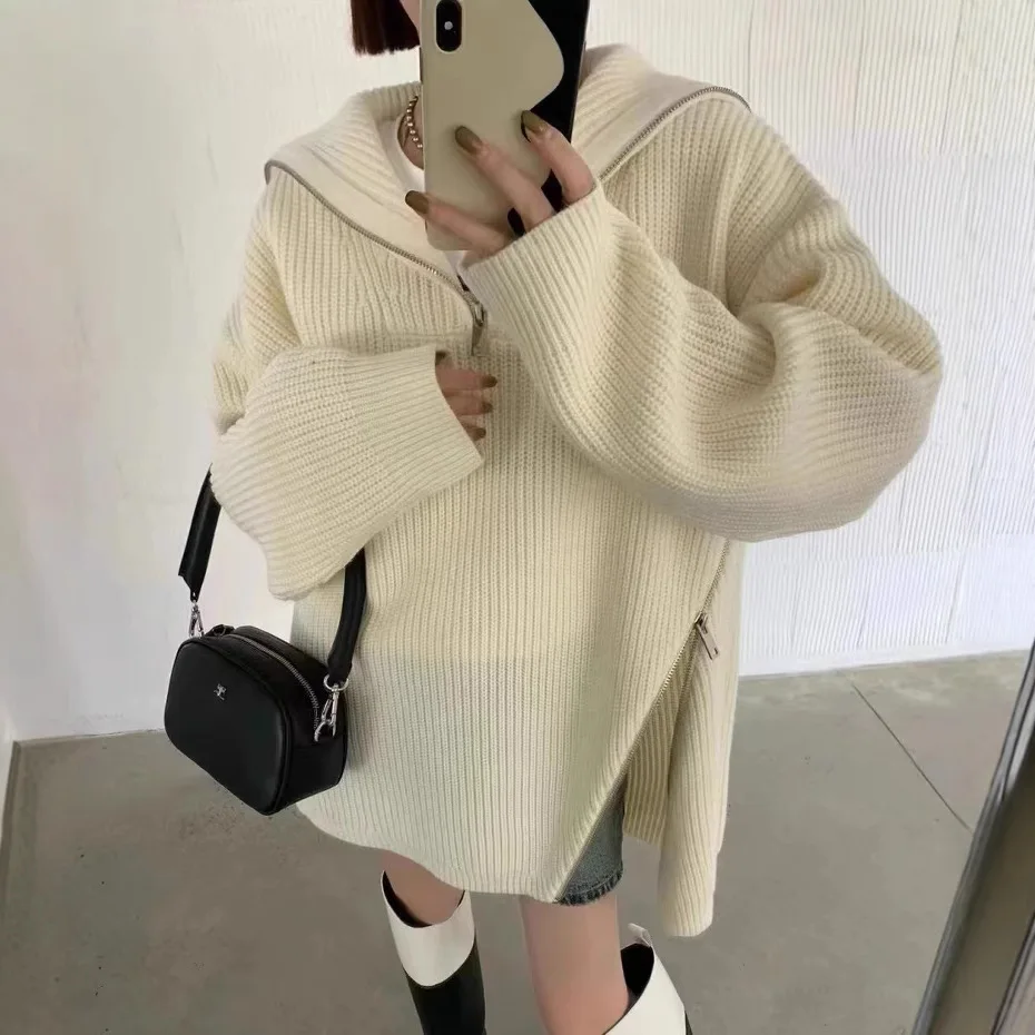 

Autumn and Winter New Slouchy Wind Midi Knit Loose Half Zip Turtleneck Sweater Women