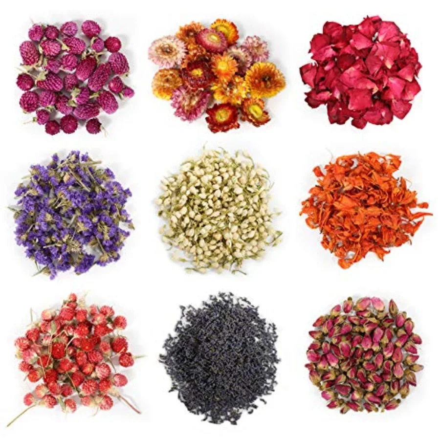 9 Bags Dried Flowers, 100% Natural Dried Flowers Herbs Kit for Soap Making, DIY Candle Making, Bath - Include Rose Petals, Lave