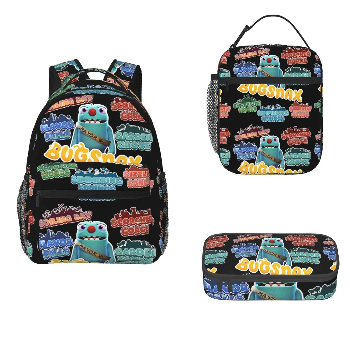 Bugsnax Locations Fan Art Pack Pink Kinda Bug Backpacks Bookbag Children School Bags Rucksack Lunch Bag Pen Bag Three-Piece Set