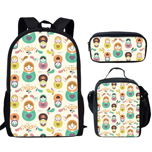 Tas sekolah siswa motif 3D, boneka Rusia lucu kreatif, gambar 3D 3 buah/set dengan tas makan siang, tas pensil harian Remaja anak-anak ransel kasual