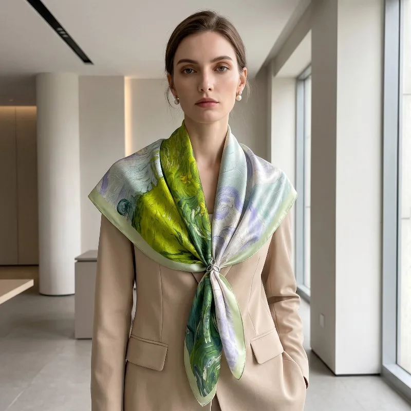 

100%Mulberry Silk Scarf 35" Square Headscarf Women’s Hair Wraps Travel Shawl (88*88cm) With Gift Packed Green Oil Painting Print