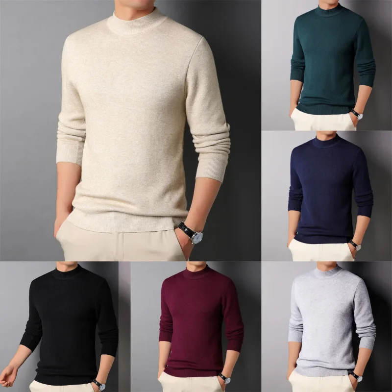 

Men's Winter Solid Half High Neck Slim Fit Bottom Pullover Sweater