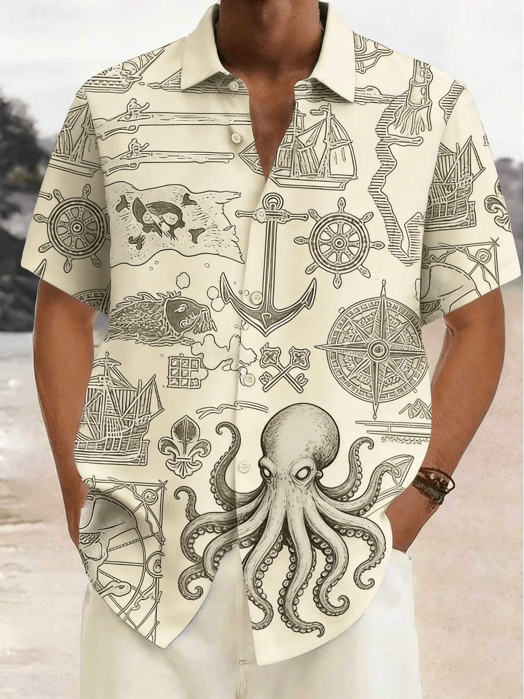 Men's Vintage Nautical Map Print Short Sleeve Shirt, Spring Summer Adventure Vacation Casual Top, Pocket Lapel Style