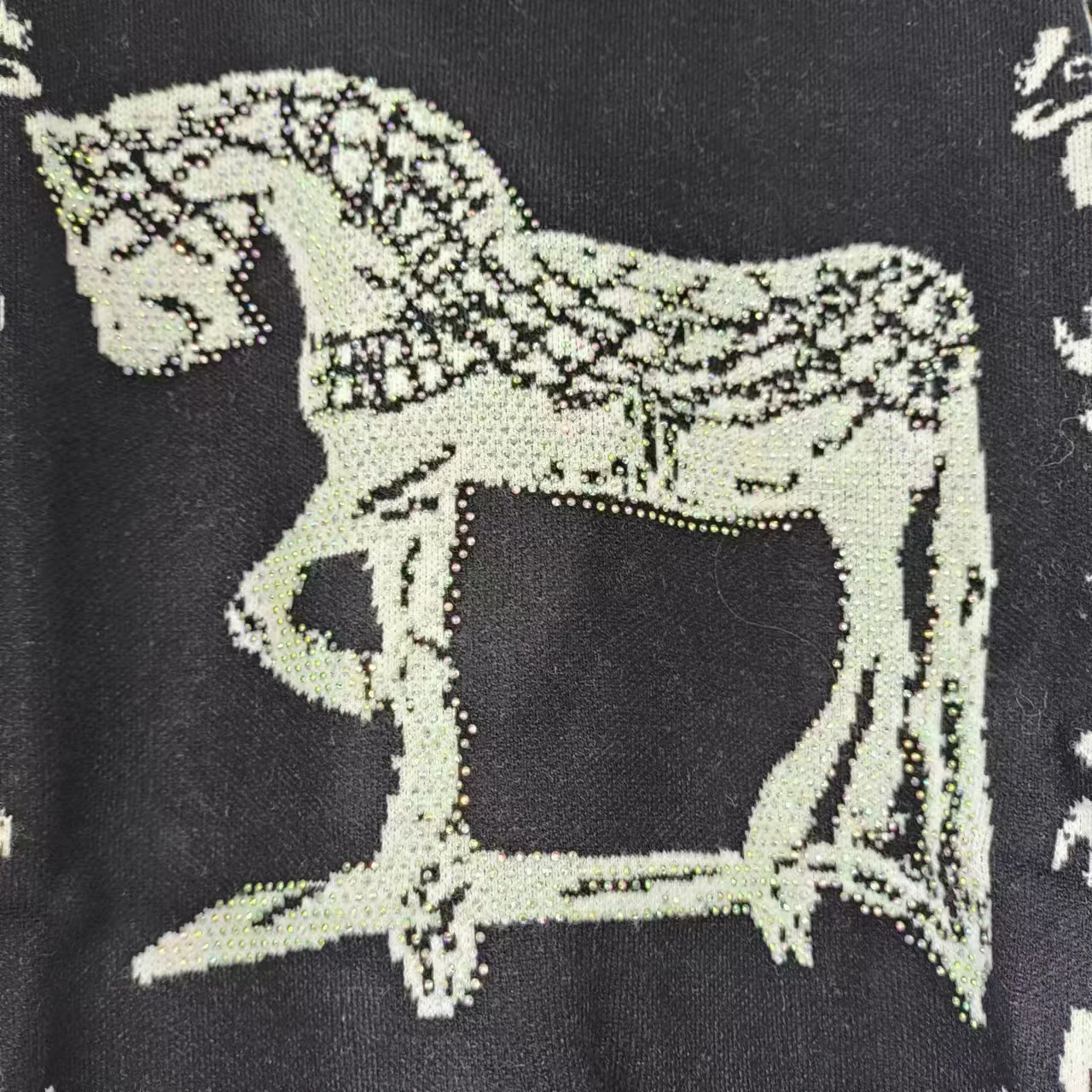 Autumn Winter Rhinestone Horse Pictures Y2K French Style Women\'s Sandros Knitted Sweater Pullover High-end Designer Womenswear