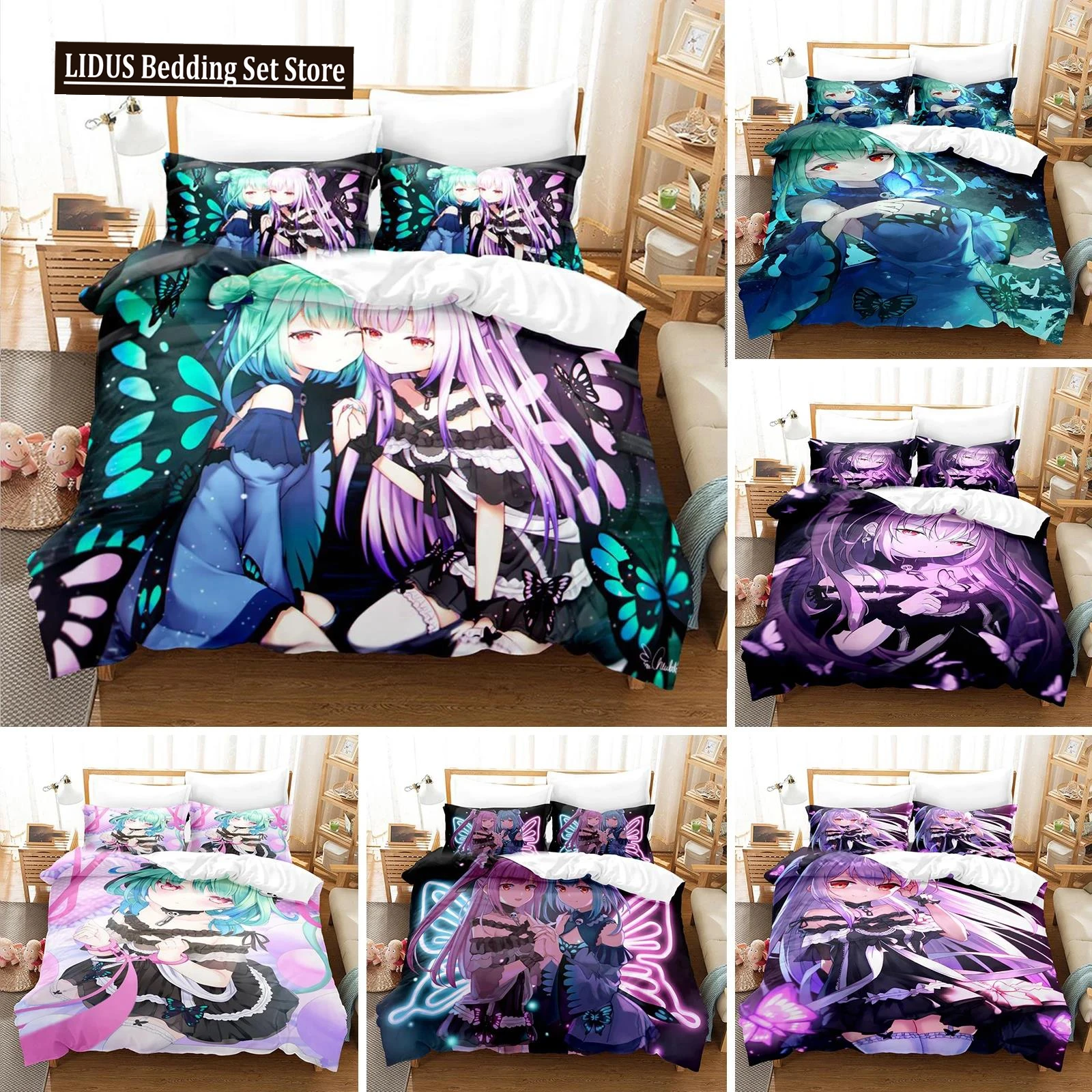 

3D Printed Uruha Rushia Bedding Set Anime Hololive Butterfly Girl Duvet Cover Double Twin Full Queen King Adult Kids Quilt Cover