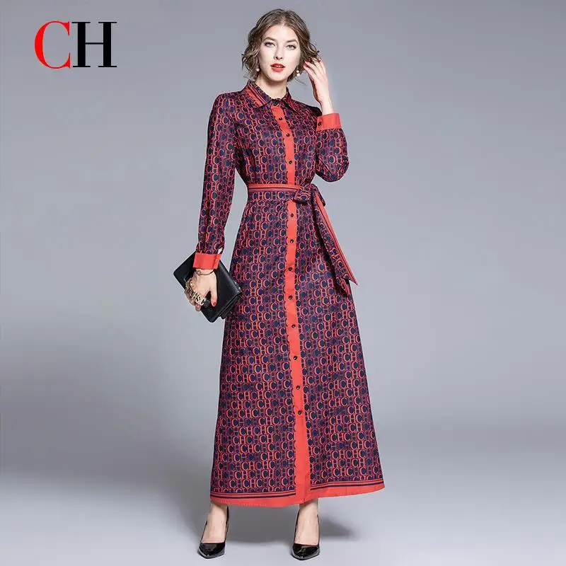 CH Monogram Print Long Sleeve Button Down Shirt Dress Belted Waist Contrast Trim Maxi Dress Elegant Fashion Office Wear ﻿ - view 5