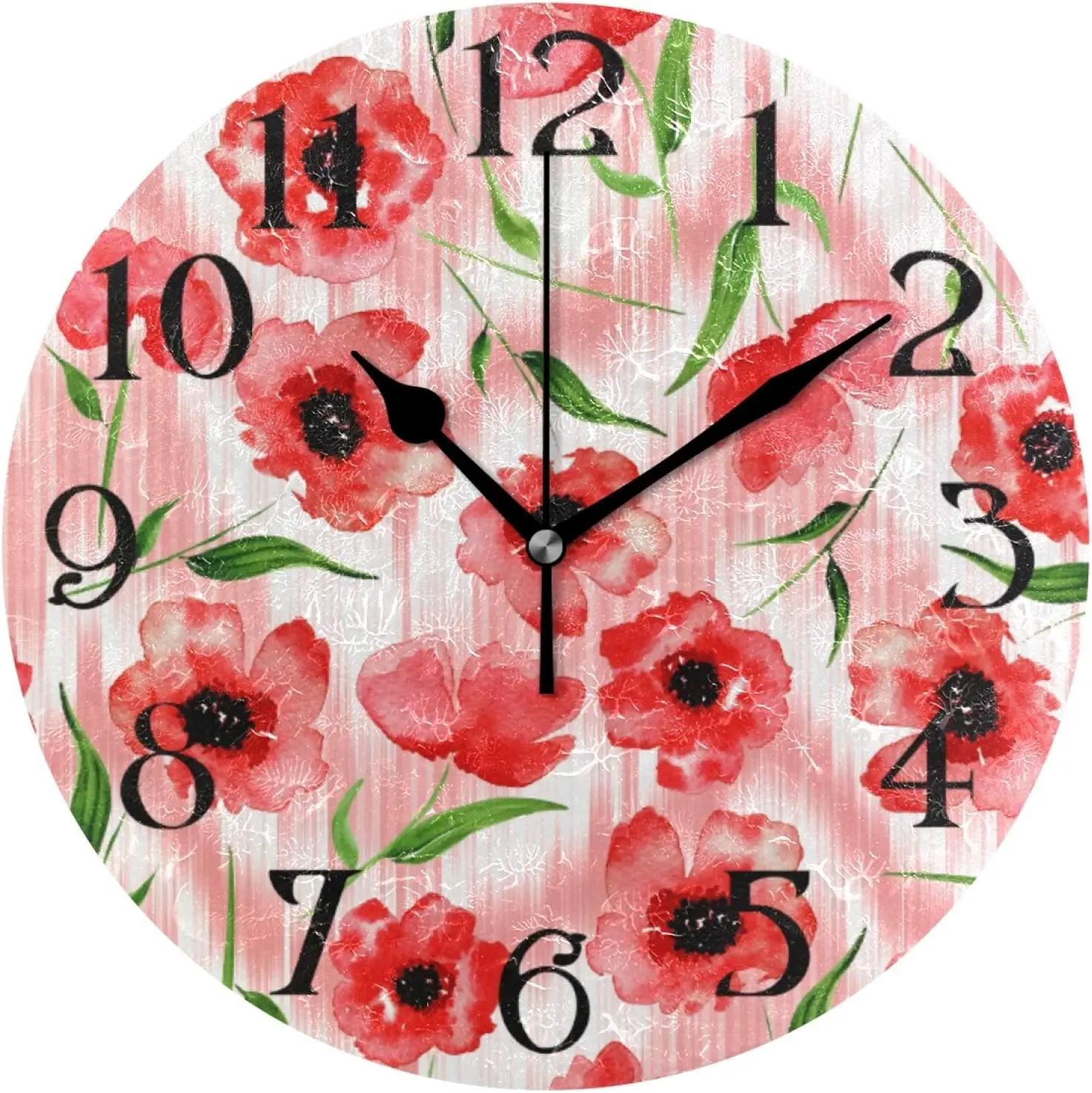 Red Poppy Peony Flowers Tie Dye Gradient Wall Clock 9.5 Inch Non-Ticking Silent Clocks Round Bathroom Clock Battery Operated Qua