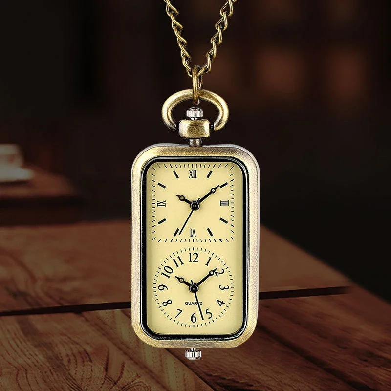 Retro Inspired Bronze Pocket Watch Keychain; Square Quartz Timepiece with Double Time Movement Antique Style