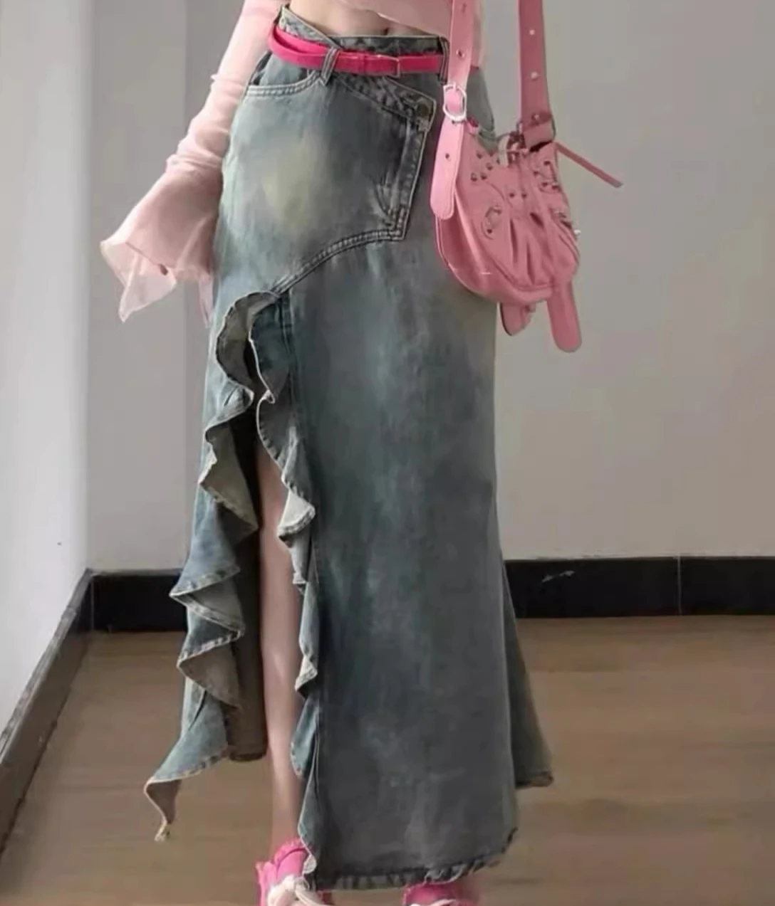 Handsome Girl Irregular Ruffles Split Denim Fishtail Skirt 2025 Summer New Blue High Waist Versatile Age-reducing Long Skirts