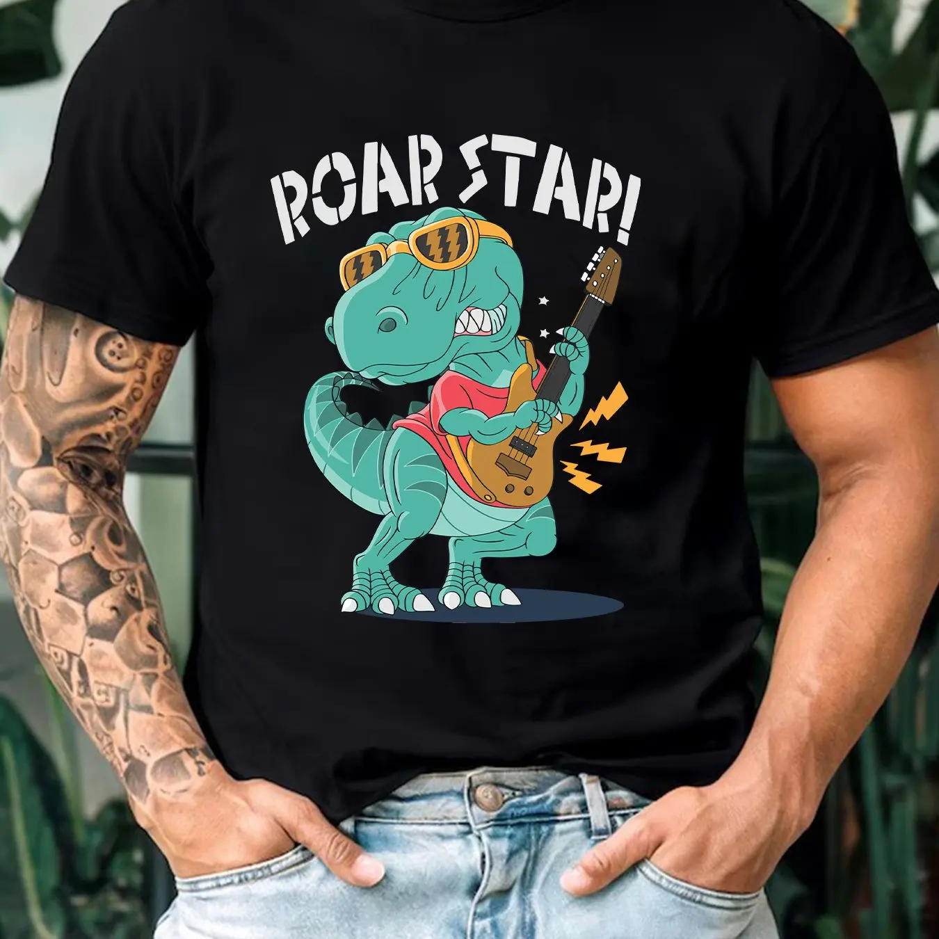 

Men's Cotton Graphic T-Shirt Fun Dinosaur Rock Star Design Casual Summer Street Style Crew Neck Short Sleeves White 180g