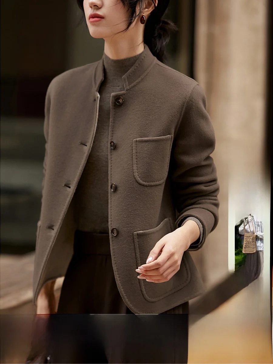 

Xiao Han Pavilion Double-Faced Woolen Suit Jaet Ele Oriental Sle Mixed Color Woolen Coat for Women Casual Luxury Faion