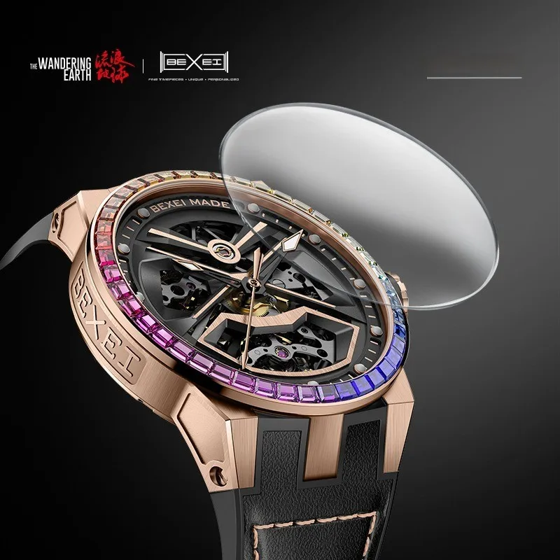 BEXEI 9115 watch for man  mechanical  waterproof  5ATM  Automatic movement Reserve 80H Rainbow Crystal Bezel  Rose Gold  case